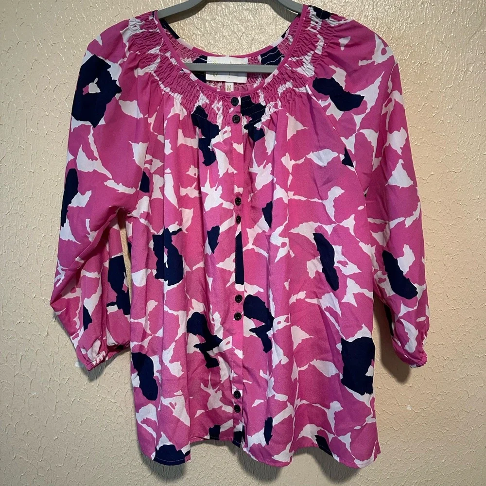 Anthropologie Yumi Kim Floral Peasant Blouse Pink Blue & White Size‎ Medium